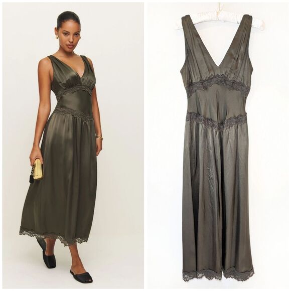 NWT Reformation Stasia Lace Trim Silk Maxi Dress in Pine Tree - Picture 2 of 15